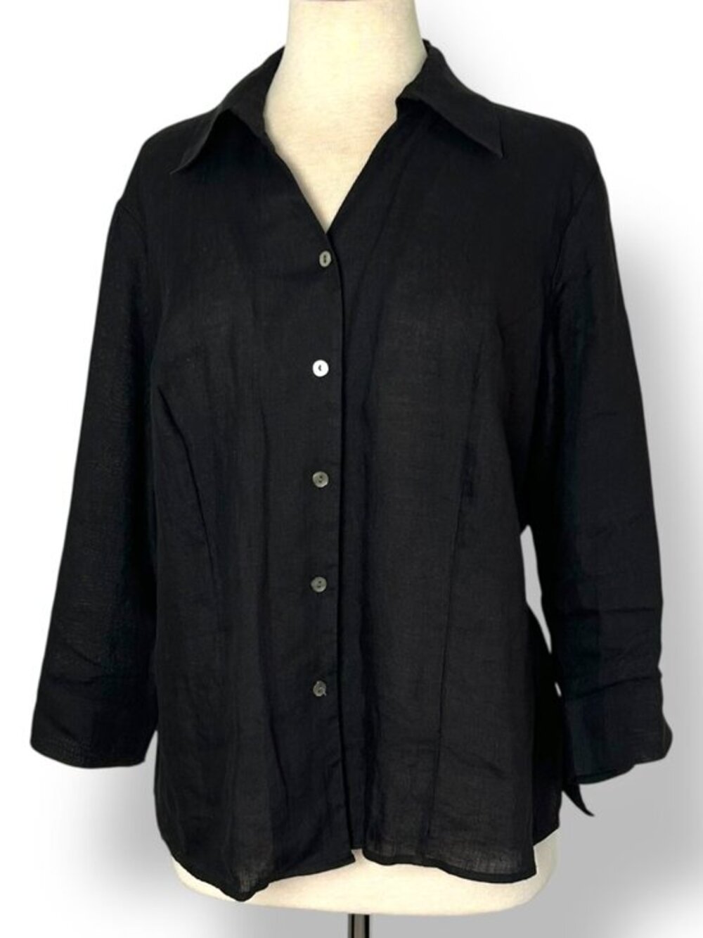 Talbots 100% Linen Blouse Top Black 3/4 Sleeves Button Up Collared Sz L